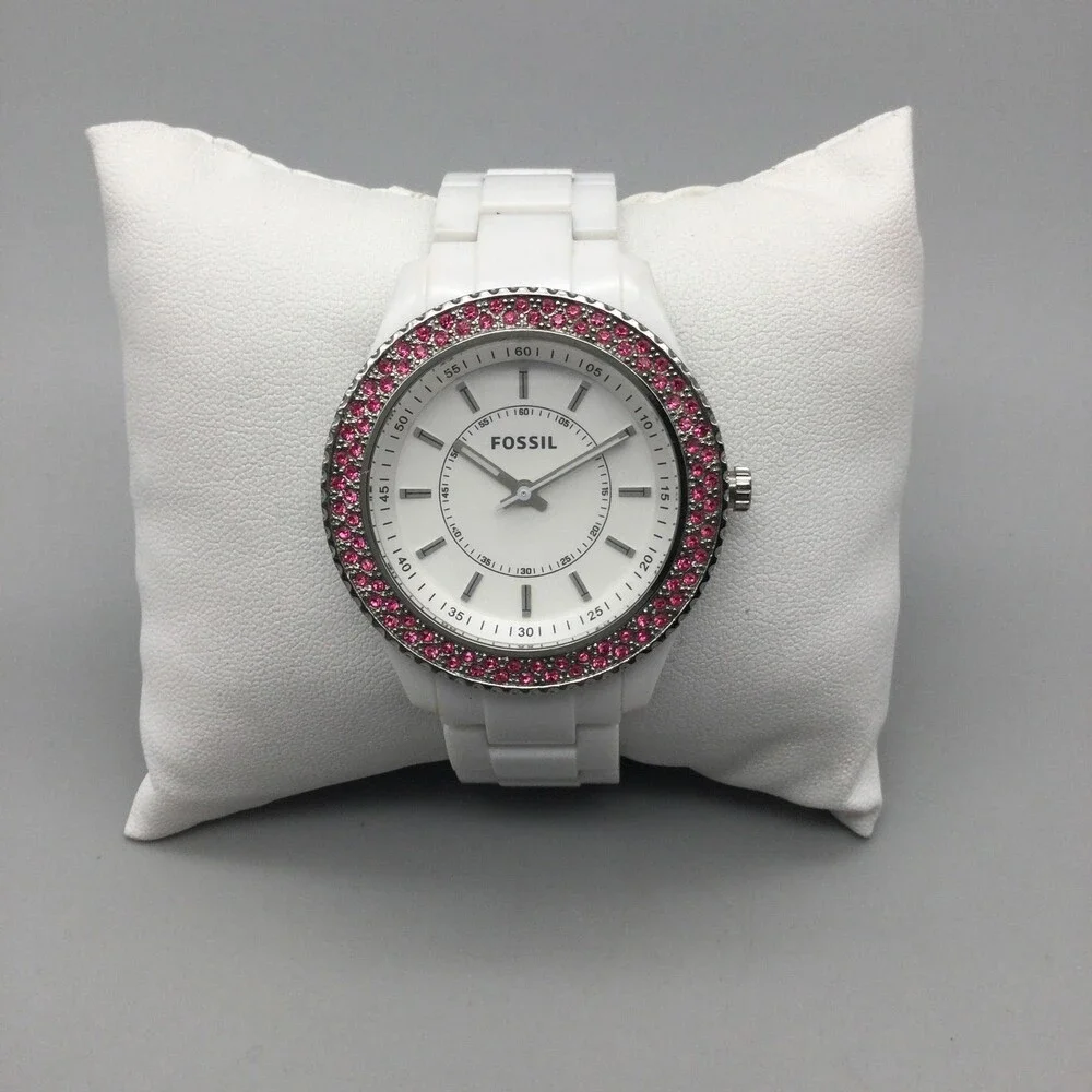 Fossil Stella Glitz ES-2441 Womens Watch 38mm Pink Crystal New Battery 6.5